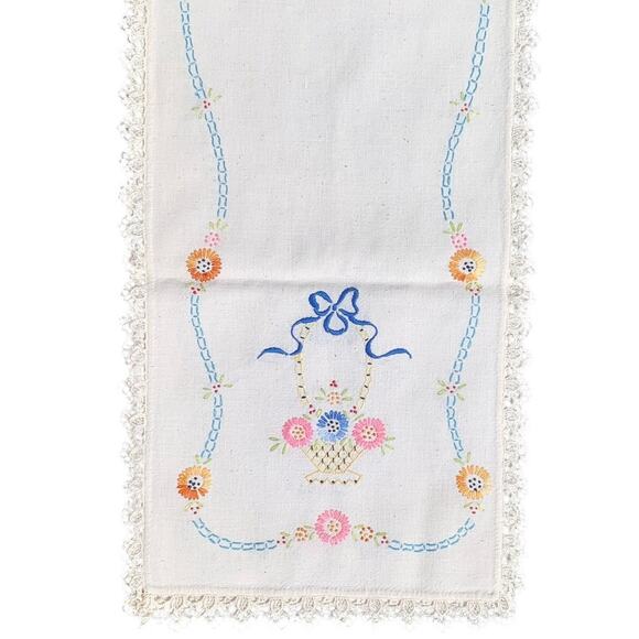 Vintage 40" x 12" Hand-Stitched Tablecloth Runner Flower Basket w/Crochet Trim - Picture 1 of 7